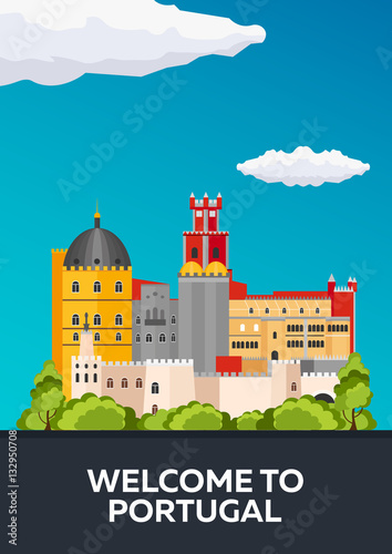 Poster Travel to Portugal skyline. Vector flat illustration