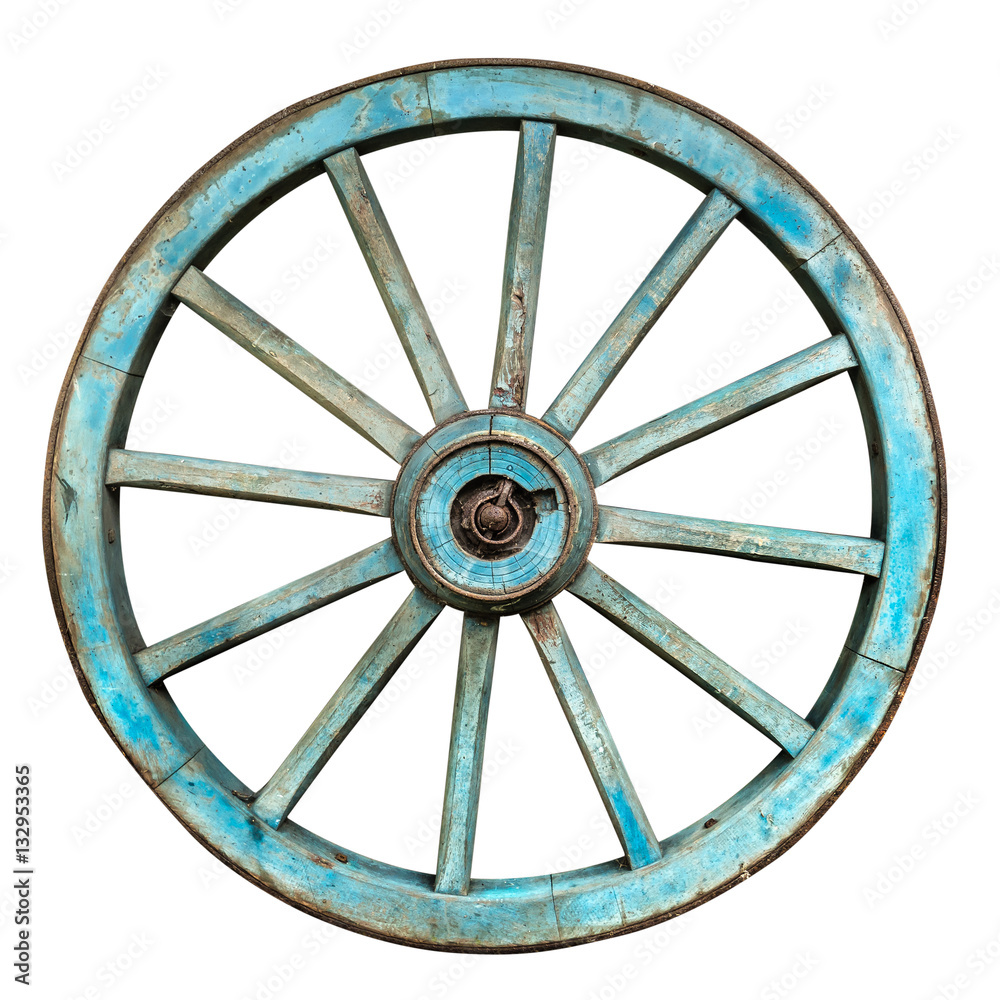 Old blue wooden cartwheel isolated on white background