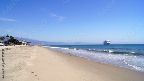 SANTA BARBARA, CALIFORNIA, USA - OCT 8th, 2014: city Leadbetter beach with a cruise liner