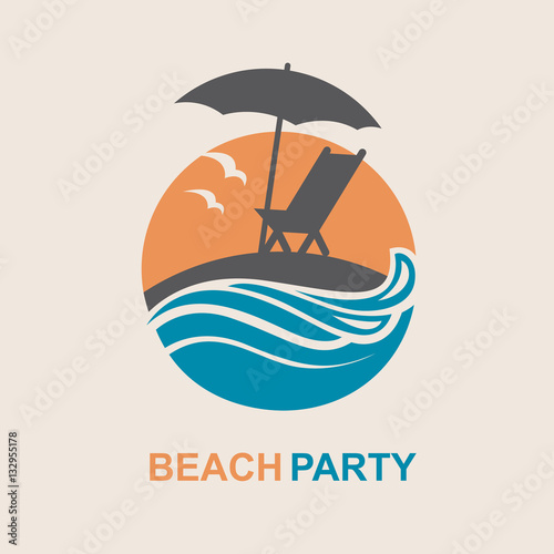 emblem of summer vacation with reclining chair and umbrella on island