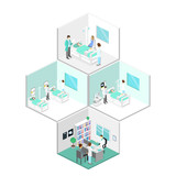 Isometric flat interior of hospital room. Doctors treating the patient. Flat 3D illustration