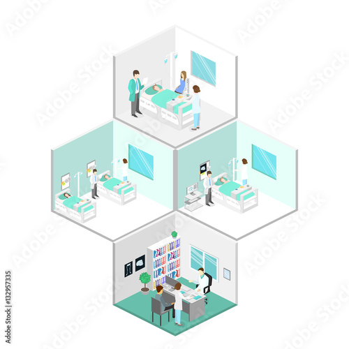 Isometric flat interior of hospital room. Doctors treating the patient. Flat 3D illustration