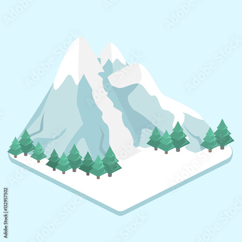 Isometric flat 3D isolated concept vector winter snow mountains. ski resort illustration