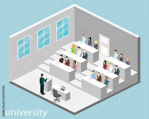 Isometric flat 3D concept vector interior university auditorium.