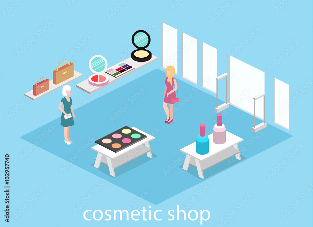 Isometric flat 3D isolated vector interior cosmetics shop