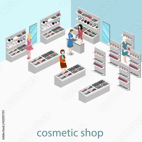 Isometric flat 3D isolated vector interior cosmetics shop