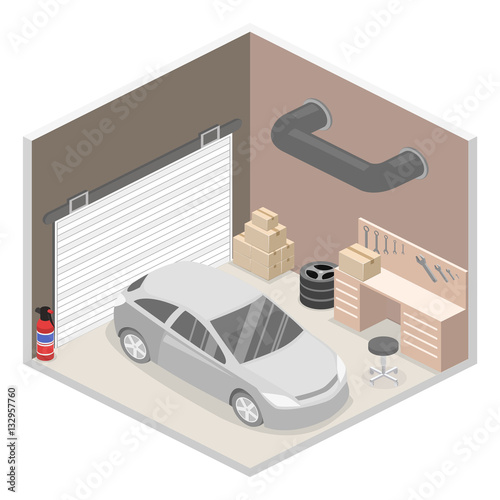 Isometric flat 3D vector interior working place in garage.