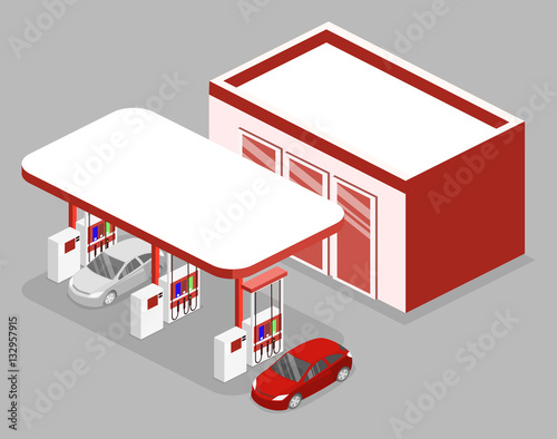 Isometric flat 3D vector outside Gas station, petrol station