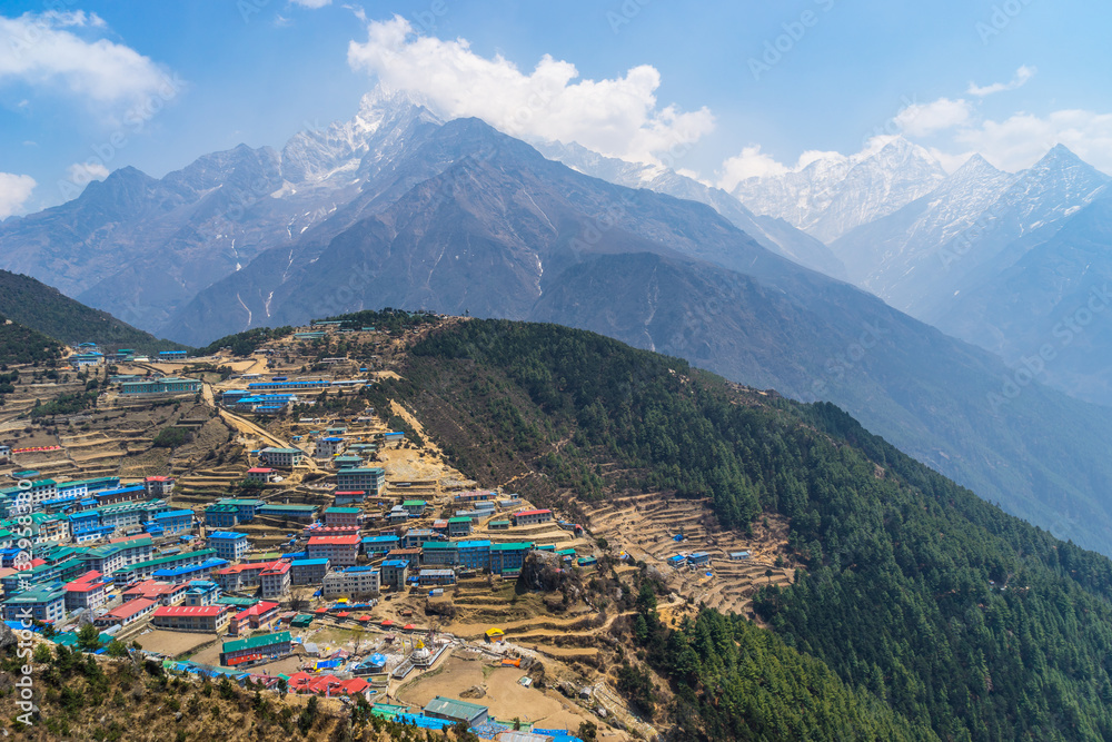 Namche Bazaar village with Thamserku mountain background, Everes