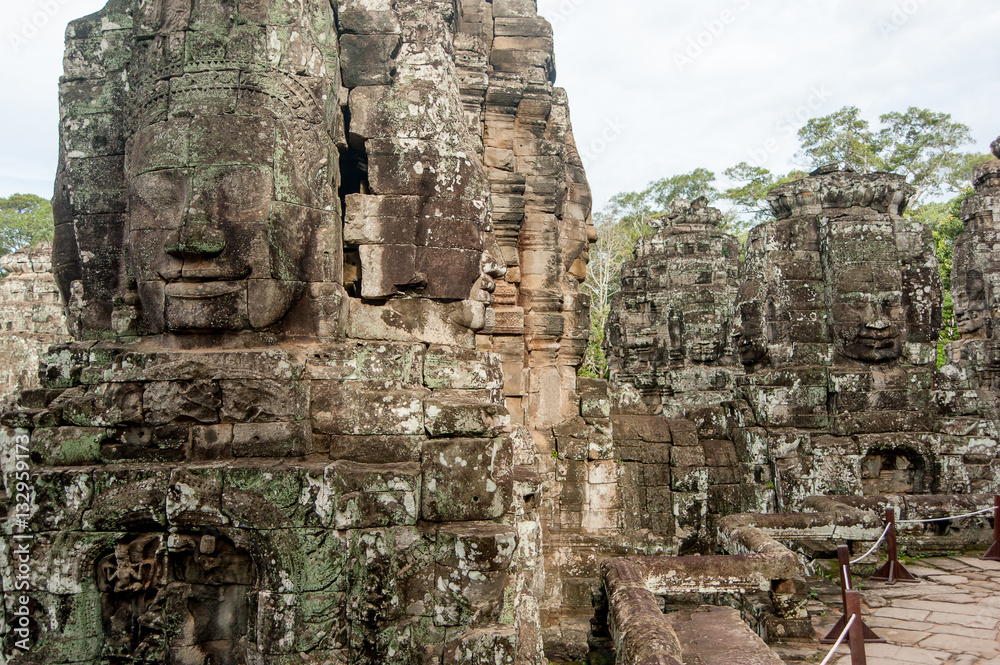 Stone murals and sculptures Bayon Temple Angkor Thom, Cambodia.
