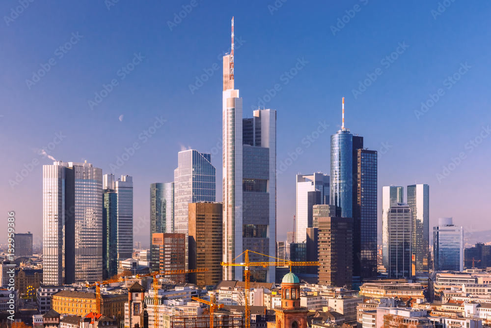 Naklejka premium Aerial view of business district with skyscrapers as seen from Frankfurt Cathedral, Frankfurt am Main, Germany