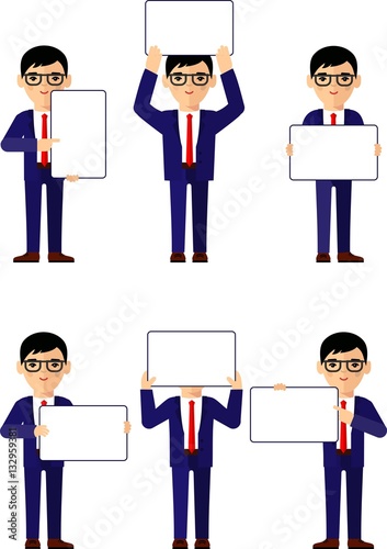 business people in different positions with white empty banners blank poster. 
