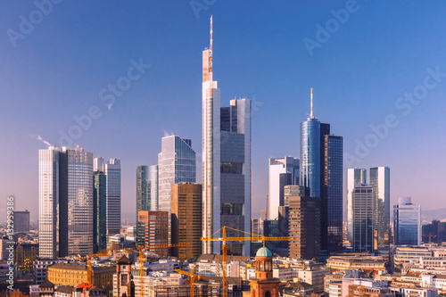 Aerial view of business district with skyscrapers as seen from Frankfurt Cathedral  Frankfurt am Main  Germany