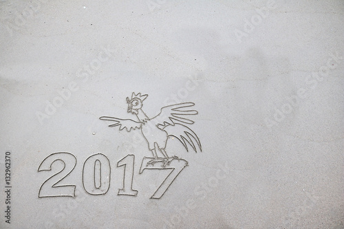 2017 Year of the Rooster , writing on the sand on the beach. 