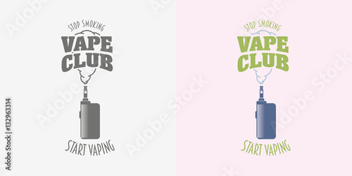 Vape club badge, logo or symbol design concept. Vaping box mod and cloud vector illustration isolated on white background.
