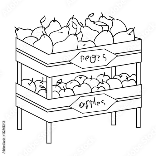 Raw food lying on rack shelves icon in outline style isolated on white background. Supermarket symbol stock vector illustration.