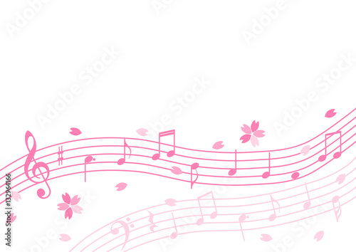 五線譜上の音符と桜の背景イラスト