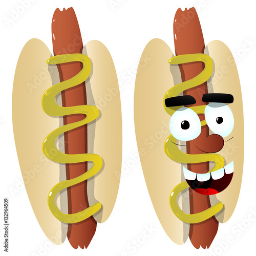 Vector illustrated cartoon Hot Dog with and without happy face.
