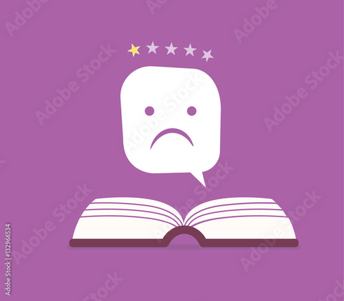 Negative book review vector illustration. Sad, unhappy dialog bubble upon opened book.