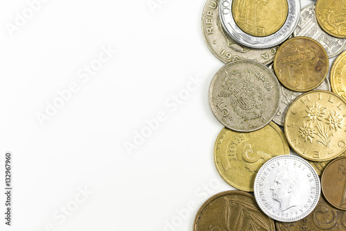 heap of vintage coins on right side isolated on white background