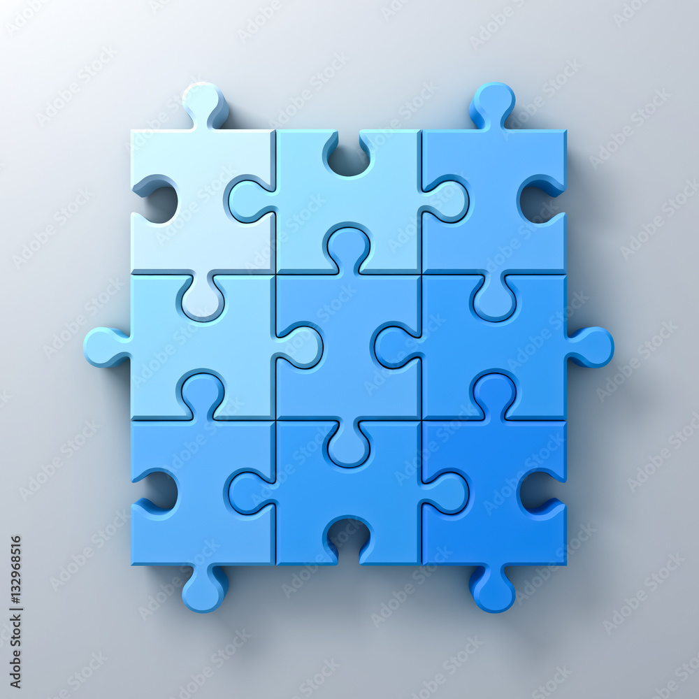 Blue jigsaw puzzle pieces concept on white wall background with shadow