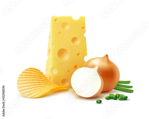 Vector Potato Ripple Crispy Chips with Cheese and Onion Close up Isolated on White Background