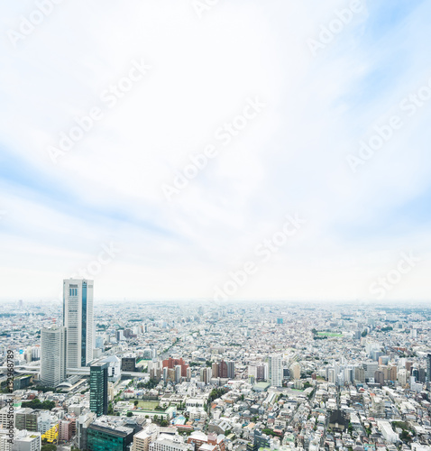 Business and culture concept - panoramic modern city skyline bird eye aerial view under dramatic sun and morning blue cloudy sky in Tokyo  Japan