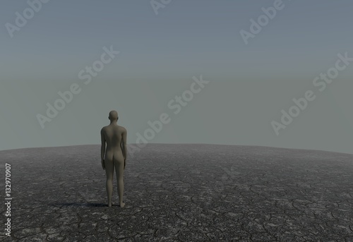 One man in a desert with cracked soil 3d illustration