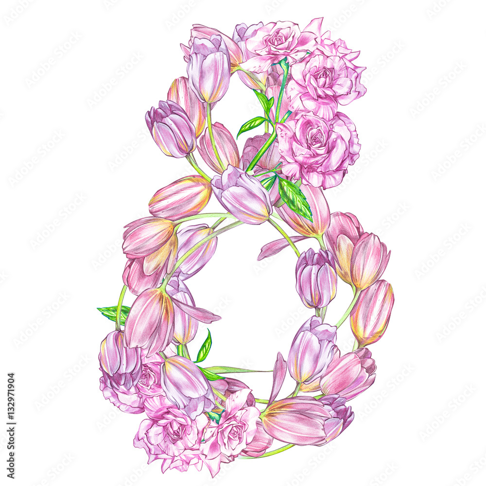 Obraz premium Tulips and roses background in watercolor style, greeting card for 8 March holiday.