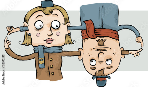 A cartoon man and woman forming a loop by pointing their arms through each other's ears and heads.