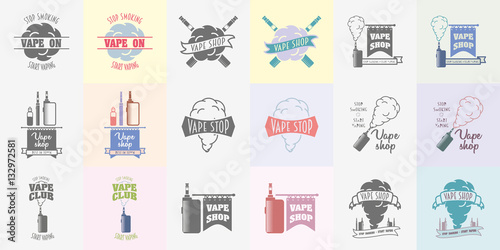 Set of vape shop and e-cigarette logos, symbols or labels templates. Color and monochrome