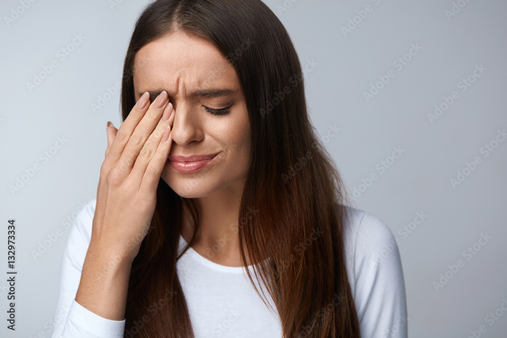Woman Suffering From Strong Pain, Having Headache, Touching Face Woman Suffering From Strong Pain, Having Headache, Touching Face