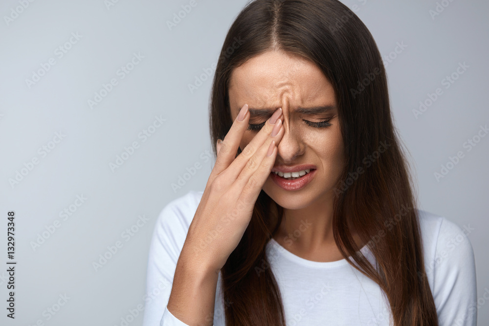 Woman Suffering From Strong Pain, Having Headache, Touching Face Woman Suffering From Strong Pain, Having Headache, Touching Face