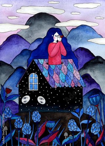 "looking out for someone" illustartion about a blue-haired girl who is looking from small within house universe trough binoculars on the the whole world with big love and waiting for someone (ID: 132973381)