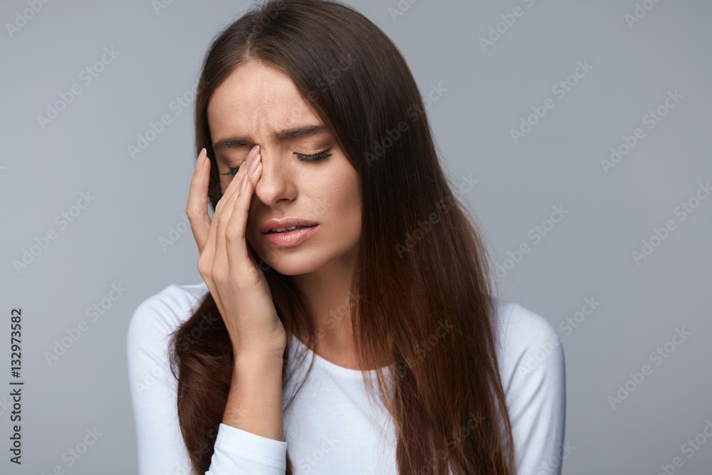 Woman Suffering From Strong Pain, Having Headache, Touching Face Woman Suffering From Strong Pain, Having Headache, Touching Face
