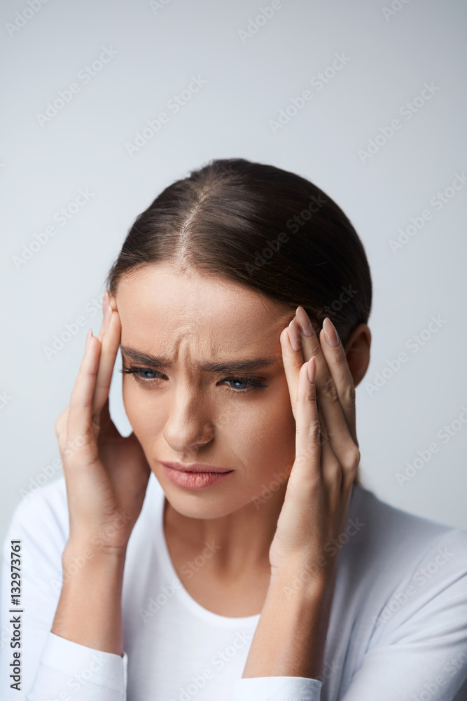 Headache. Beautiful Woman Feeling Stress And Strong Head Pain Headache. Beautiful Woman Feeling Stress And Strong Head Pain