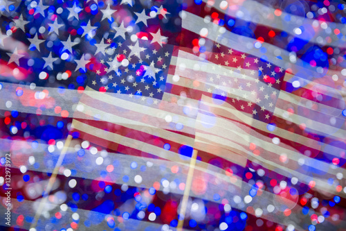 American flag background in abstract night view with colorful bokeh lights