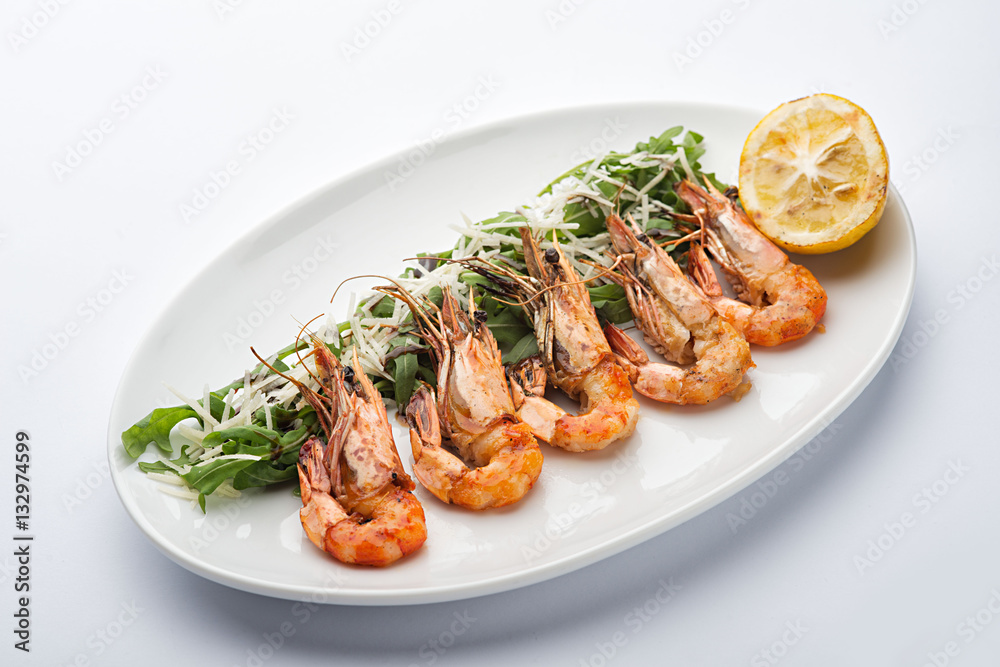 Fried shrimp on a white plate. Fried shrimp on a white plate.