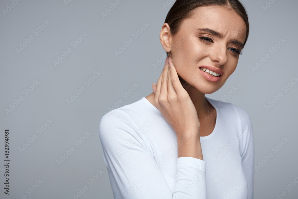 Woman In Pain. Beautiful Girl Feeling Toothache, Jaw, Neck Pain Woman In Pain. Beautiful Girl Feeling Toothache, Jaw, Neck Pain