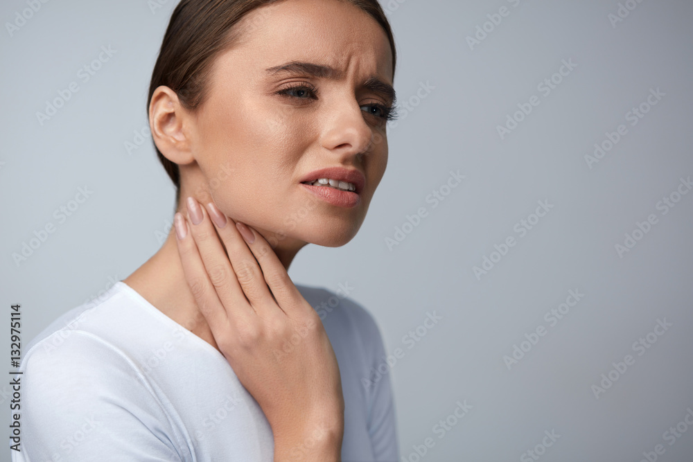 Throat Pain. Beautiful Woman Having Sore Throat, Painful Feeling Throat Pain. Beautiful Woman Having Sore Throat, Painful Feeling