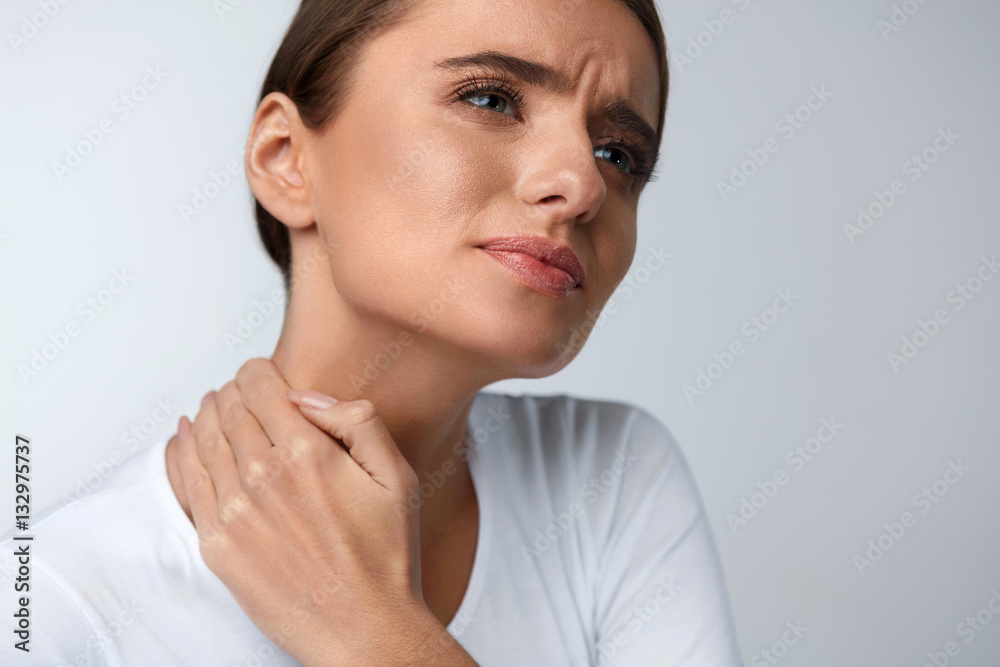 Pain In Neck. Beautiful Woman Having Painful Feeling, Body Pain