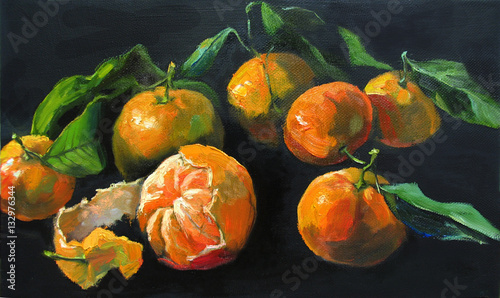 Mandarins with leaves. Oil painting on canvas illustration, black background.