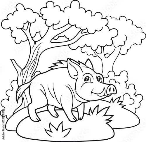 Cartoon wild boar walking in the woods