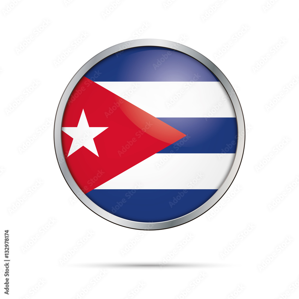Vector Cuban flag button. Cuba flag in glass button style with metal frame