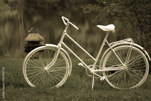 Wet vintage style look white women bicycle in wet gras on lake