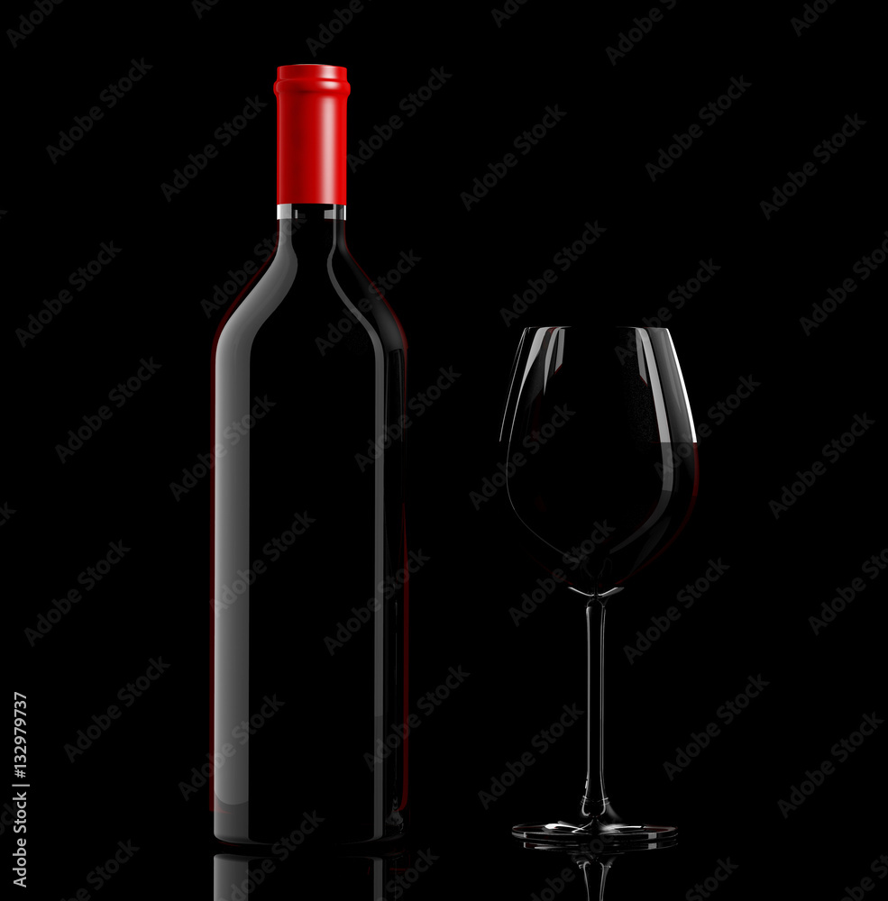 Fototapeta premium Wine glass and bottle on black background. 3d illustration