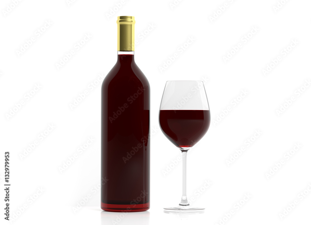 Wine glass and bottle on white background. 3d illustration Wine glass and bottle on white background. 3d illustration