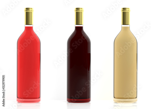 Bottles of wine on white background. 3d illustration