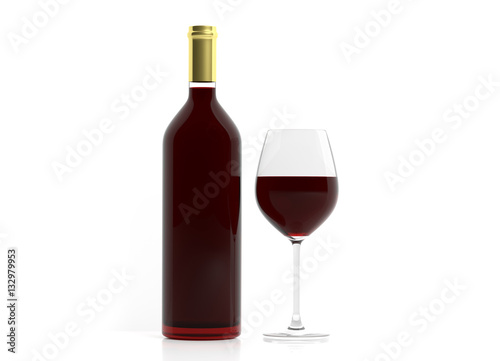 Wine glass and bottle on white background. 3d illustration