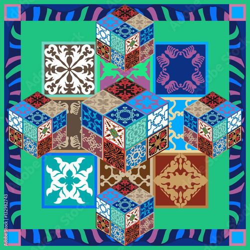 Colorful vintage tiles with floral and geometrical patterns.